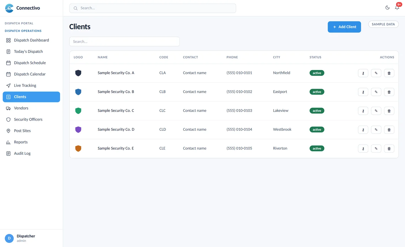 Clients list (sample data)