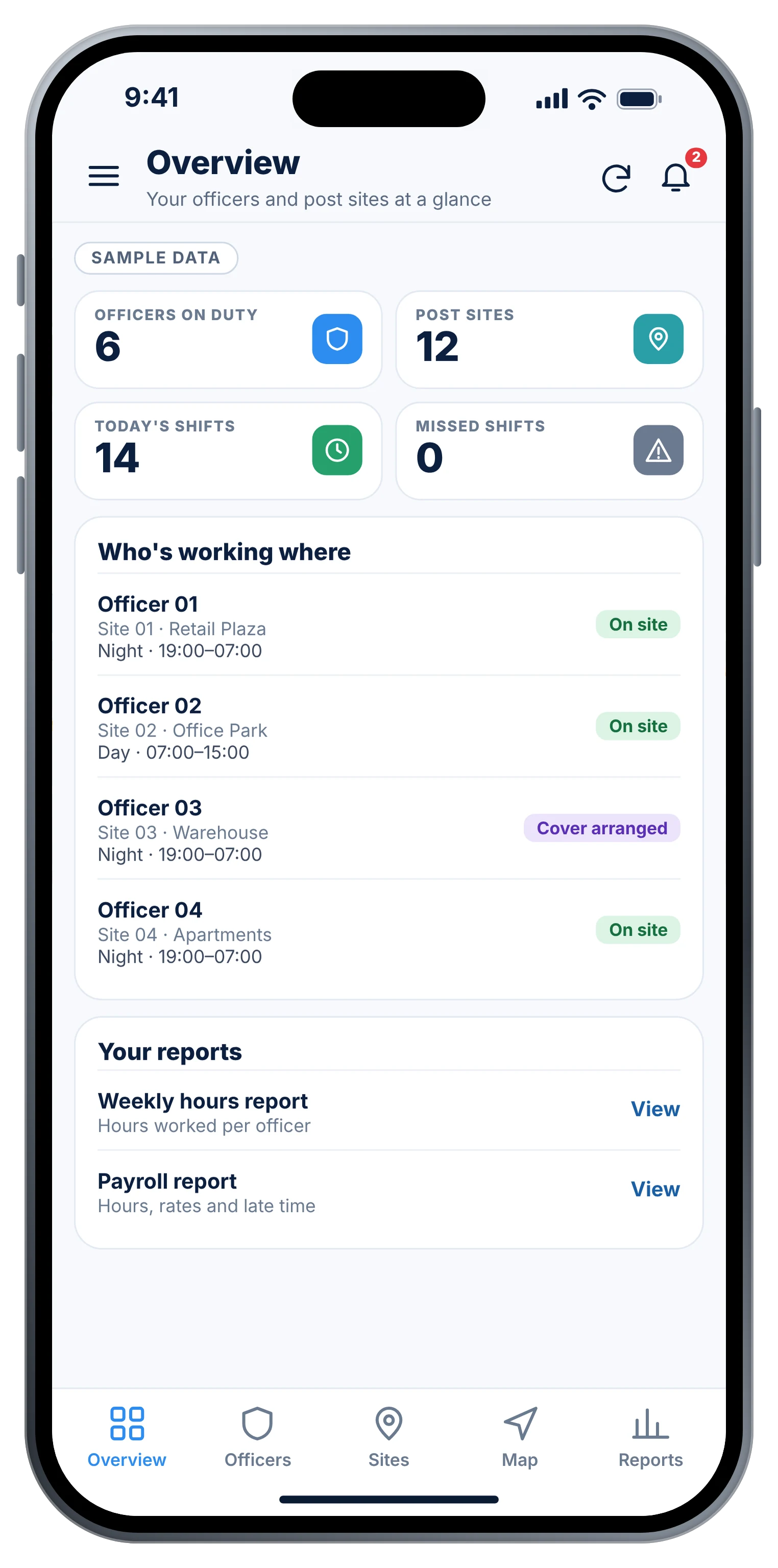 The app on a phone (sample data)