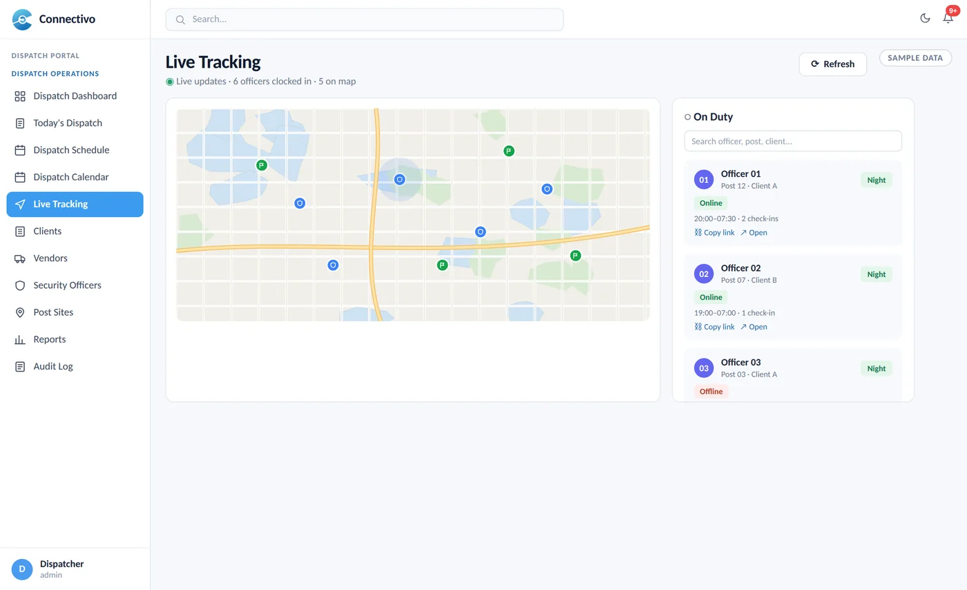 Live tracking map with officers on duty (sample data)